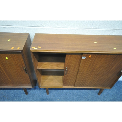 1299 - TWO SIMILAR MID-CENTURY AFROMOSIA TEAK SLIDING DOOR BOOKCASES, on tapering legs, largest width 107cm... 