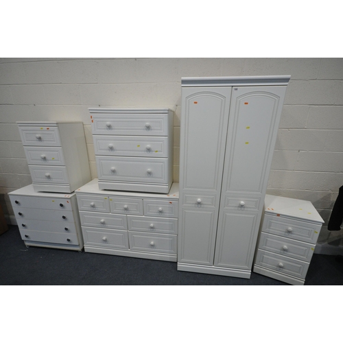 1301 - AN MODERN ALSTONS WHITE FINISH BEDROOM SUITE, comprising a double door wardrobe, width 76cm x depth ... 