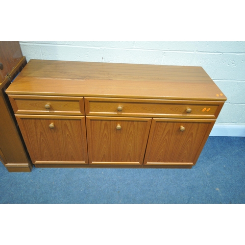 1302 - A MID CENTURY TEAK SIDEBOARD, with two sized drawers, over three cupboard doors, length 1320cm x dep... 