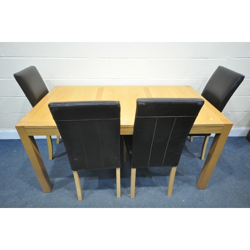 1309 - A MODERN LIGHT OAK DINING TABLE, length 161cm x depth 90cm x height 78cm, and four leatherette chair... 