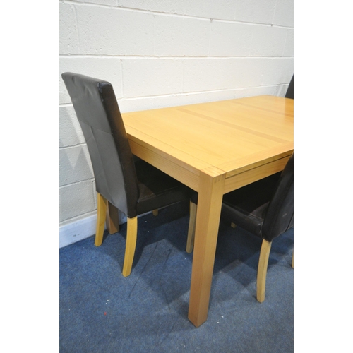 1309 - A MODERN LIGHT OAK DINING TABLE, length 161cm x depth 90cm x height 78cm, and four leatherette chair... 