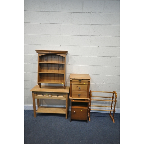 1312 - A SELECTION OF MAINLY PINE OCCASIONAL FURNITURE, to include a side table with two drawers, a three d... 