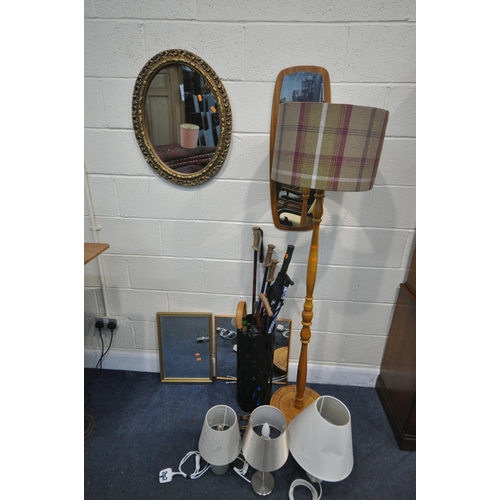 1313 - A SELECTION OF MIRRORS, to include foliate gilt wall mirror, a beech standard lamp, three table lamp... 