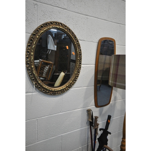 1313 - A SELECTION OF MIRRORS, to include foliate gilt wall mirror, a beech standard lamp, three table lamp... 