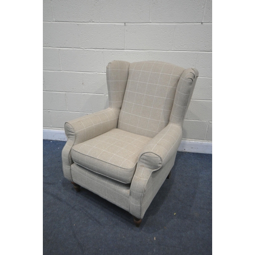 1314 - A MODERN BEIGE UPHOLSTERED WING BACK ARMCHAIR, width 85cm x depth 85cm x height 100cm (condition:-sl... 