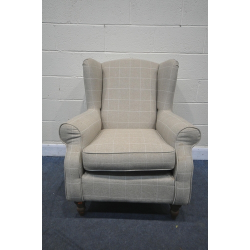 1314 - A MODERN BEIGE UPHOLSTERED WING BACK ARMCHAIR, width 85cm x depth 85cm x height 100cm (condition:-sl... 