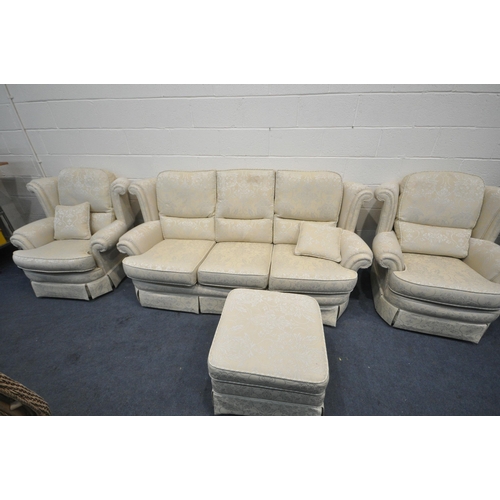 1320 - A FLORAL AND GOLD UPHOLSTERED FOUR PIECE LOUNGE SUITE, comprising a three seater sofa, length 206cm,... 