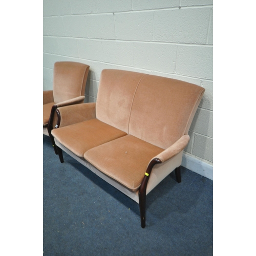 1326 - A PARKER KNOLL PINK UPHOLSTERED TWO PIECE LOUNGE SUITE, comprising a settee and an armchair (with fi... 