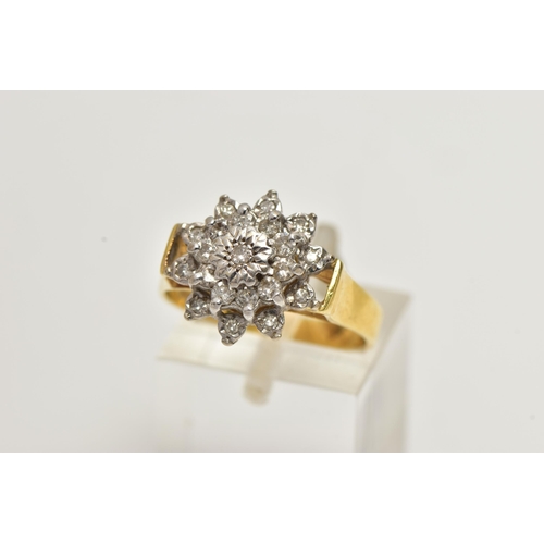 1 - AN 18CT GOLD DIAMOND CLUSTER RING, of a tiered flower design set with single cut and round brilliant... 