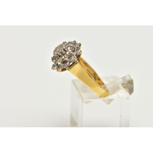 1 - AN 18CT GOLD DIAMOND CLUSTER RING, of a tiered flower design set with single cut and round brilliant... 