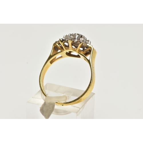 1 - AN 18CT GOLD DIAMOND CLUSTER RING, of a tiered flower design set with single cut and round brilliant... 