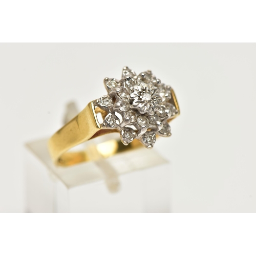 1 - AN 18CT GOLD DIAMOND CLUSTER RING, of a tiered flower design set with single cut and round brilliant... 