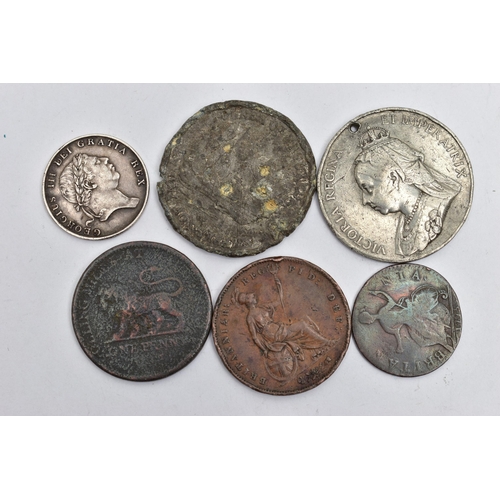 101 - A SMALL PACKET OF COINS, to include an 1812 Eighteen Shilling Bank token George III, a 1775 Halfpenn... 