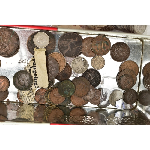 104 - A TIN OF COINS AND BANKNOTES, to include silver content coins such as half crowns, crowns, three pen... 