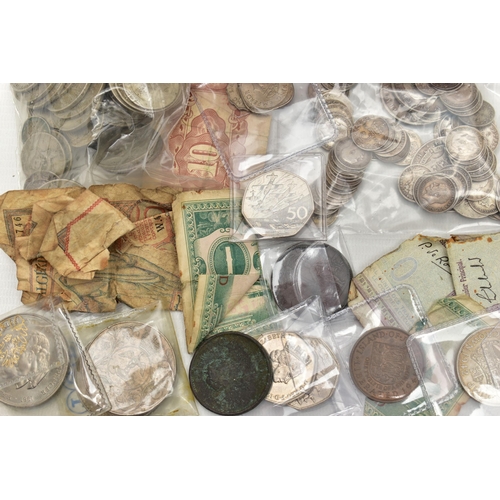 104 - A TIN OF COINS AND BANKNOTES, to include silver content coins such as half crowns, crowns, three pen... 