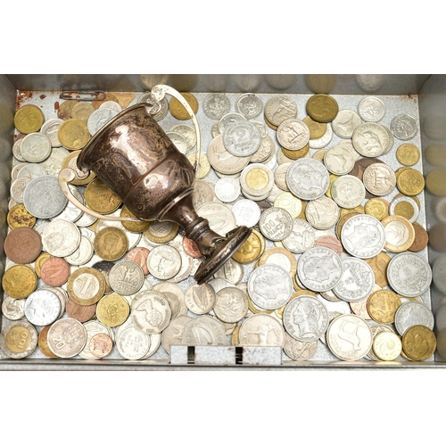 107 - A METAL CASH BOX, containing mainly late 20th century world low base coinage, a plated and damaged s... 