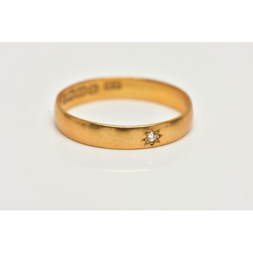 12 - A DIAMOND SET, 22CT GOLD BAND RING, designed with a star set single cut diamond, to a polished band,... 