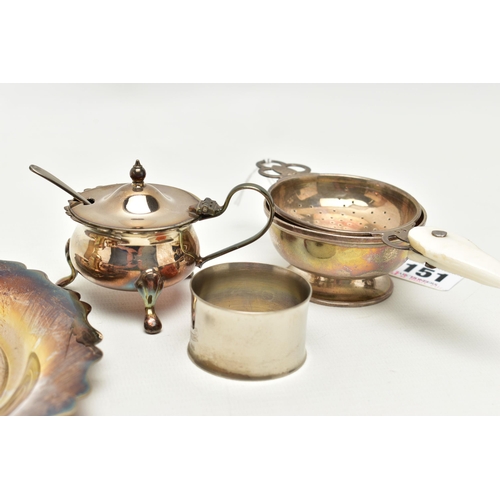 151 - SILVER CONDIMENTS AND OTHER ITEMS, to include a silver pepperette, of a tapered form, hallmarked 'Th... 