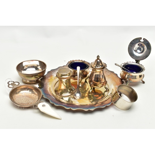 151 - SILVER CONDIMENTS AND OTHER ITEMS, to include a silver pepperette, of a tapered form, hallmarked 'Th... 