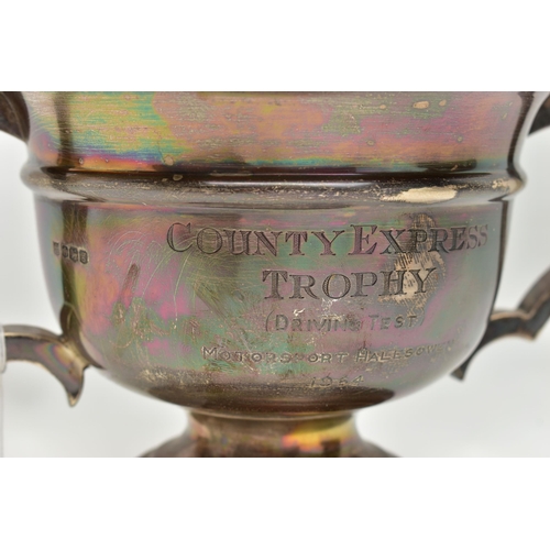 153 - A SILVER TROPHY CUP, fitted with two handles, engraved 'County Express Trophy (Driving Test) Motospo... 