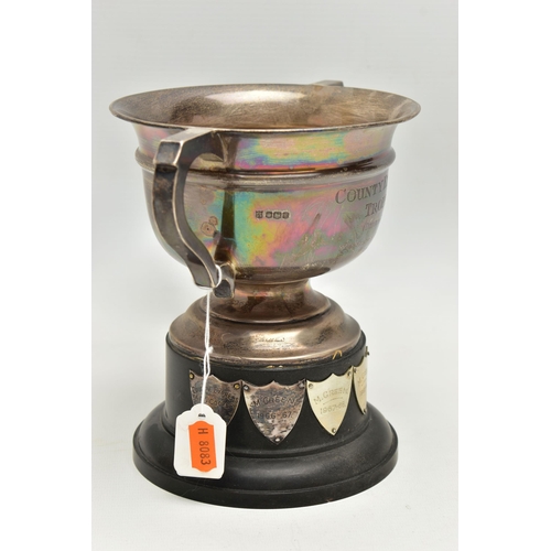 153 - A SILVER TROPHY CUP, fitted with two handles, engraved 'County Express Trophy (Driving Test) Motospo... 