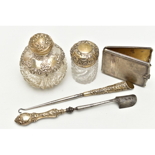 155 - TWO SILVER AND GLASS VANITY BOTTLES, BUTTON HOOK AND STILTON SCOOP, the first a round glass scent bo... 