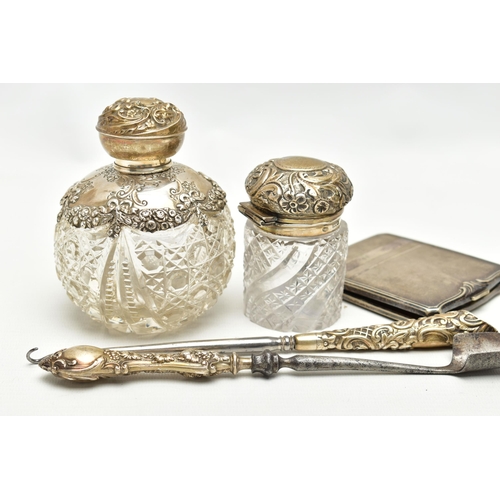 155 - TWO SILVER AND GLASS VANITY BOTTLES, BUTTON HOOK AND STILTON SCOOP, the first a round glass scent bo... 