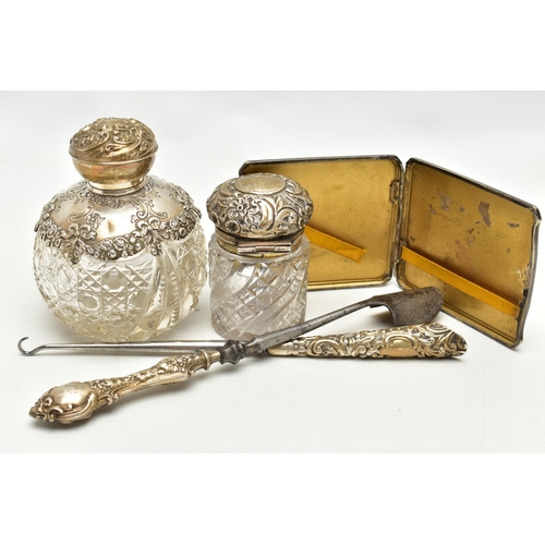 155 - TWO SILVER AND GLASS VANITY BOTTLES, BUTTON HOOK AND STILTON SCOOP, the first a round glass scent bo... 