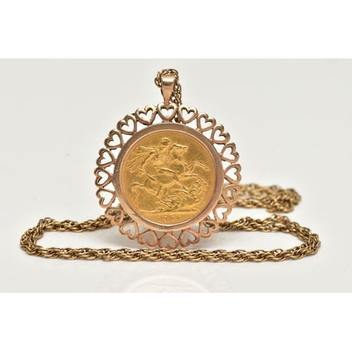 17 - A FULL SOVEREIGN PENDANT NECKLACE, the sovereign dated 1900, collet set within an openwork heart det... 