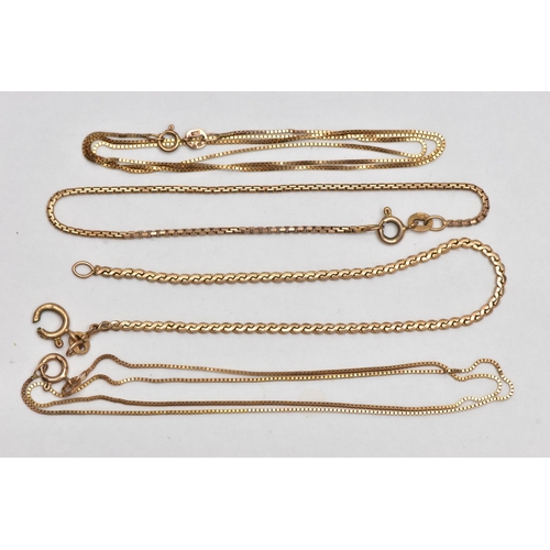 18 - TWO CHAINS AND TWO BRACELETS, to include two fine box link chains, each fitted with a spring clasp, ... 