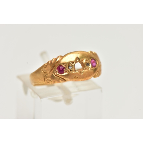 20 - AN MID 20TH CENTURY 18CT GOLD RING, a/f,  missing centre stone, set with two diamond chips and two c... 