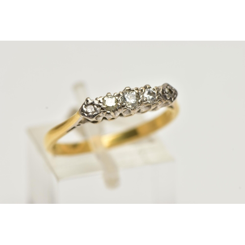 25 - A FIVE STONE DIAMOND RING, five mixed cut diamonds prong set within a white metal mount, leading on ... 