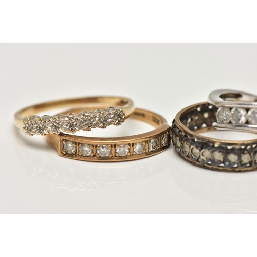 27 - FIVE ASSORTED RINGS, the first a 9ct yellow gold ring, set with a floral cluster of circular cut cub... 