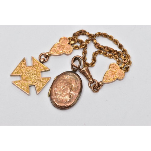 29 - A YELLOW METAL ALBERTINA AND A ROSE GOLD LOCKET, three strand chain, with two floral detailed links,... 