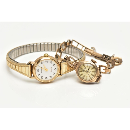 31 - TWO 9CT GOLD WRISTWATCHES, the first a ladys 9ct gold 'Roamer' manual wind watch, small round cream ... 