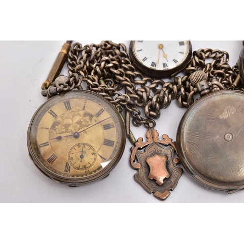 36 - FOUR POCKET WATCHES AND ALBERT CHAINS, to include three silver pocket watches, an open face pocket w... 