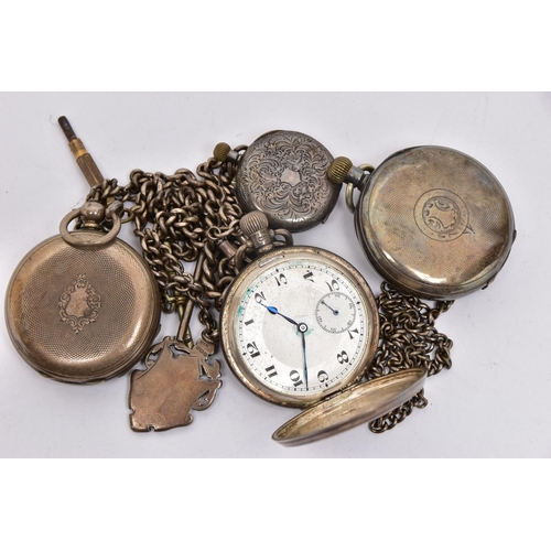 36 - FOUR POCKET WATCHES AND ALBERT CHAINS, to include three silver pocket watches, an open face pocket w... 