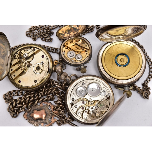 36 - FOUR POCKET WATCHES AND ALBERT CHAINS, to include three silver pocket watches, an open face pocket w... 