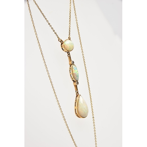 37 - AN OPAL AND DIAMOND PENDANT NECKLACE, the drop pendant set with two oval opal cabochons and a pear c... 