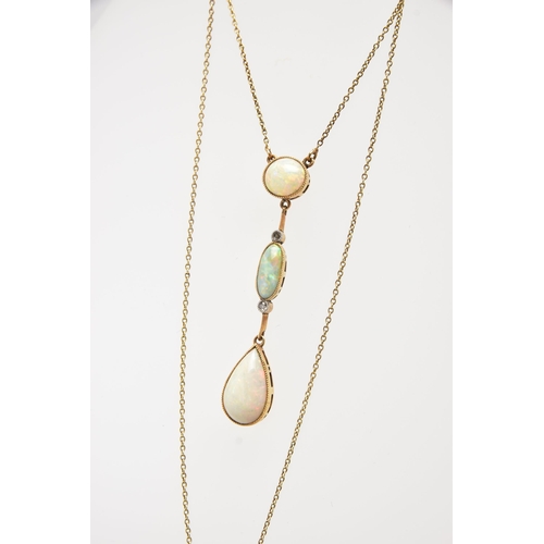 37 - AN OPAL AND DIAMOND PENDANT NECKLACE, the drop pendant set with two oval opal cabochons and a pear c... 