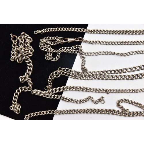 41 - SEVEN SILVER ALBERT CHAINS AND FOUR WHITE METAL ALBERT CHAINS, seven graduated albert chains, each l... 