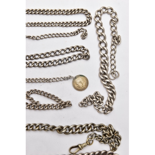 41 - SEVEN SILVER ALBERT CHAINS AND FOUR WHITE METAL ALBERT CHAINS, seven graduated albert chains, each l... 