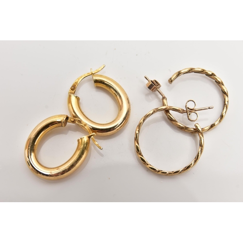 46 - TWO PAIRS OF HOOP EARRINGS, to include a pair of polished oval hoop earrings, with lever fittings, h... 