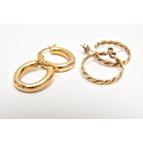 46 - TWO PAIRS OF HOOP EARRINGS, to include a pair of polished oval hoop earrings, with lever fittings, h... 