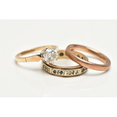 51 - THREE RINGS, the first a polished rose gold band, hallmarked 9ct London, ring size L, the second a s... 