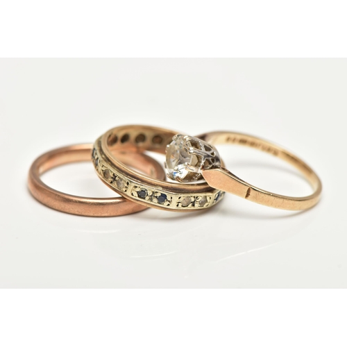 51 - THREE RINGS, the first a polished rose gold band, hallmarked 9ct London, ring size L, the second a s... 