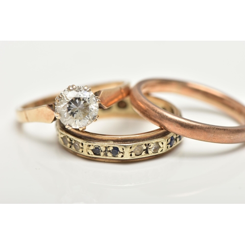 51 - THREE RINGS, the first a polished rose gold band, hallmarked 9ct London, ring size L, the second a s... 