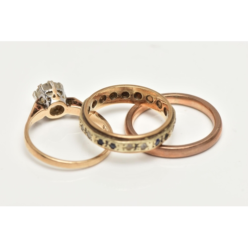 51 - THREE RINGS, the first a polished rose gold band, hallmarked 9ct London, ring size L, the second a s... 