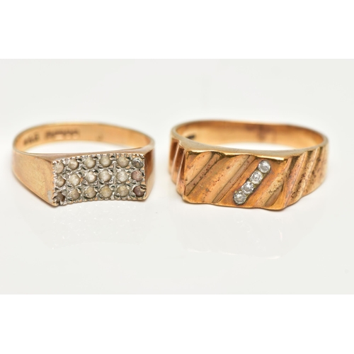 53 - TWO 9CT GOLD SIGNET RINGS, the first of a textured design set with an asymmetrical row of four round... 