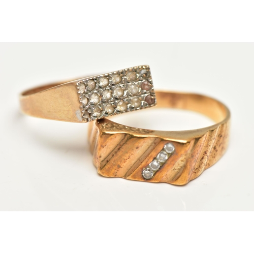 53 - TWO 9CT GOLD SIGNET RINGS, the first of a textured design set with an asymmetrical row of four round... 